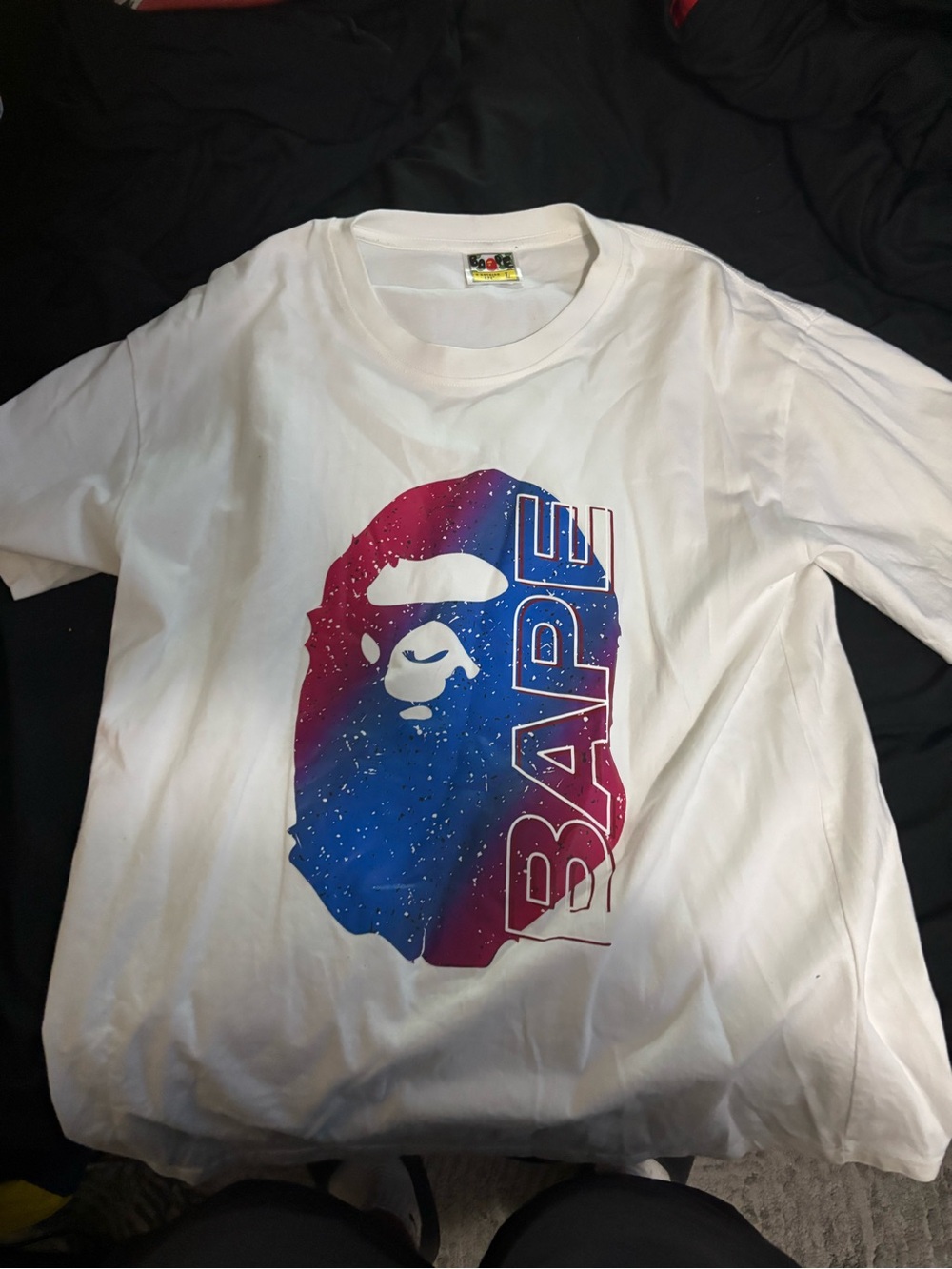Bape White Short Sleeve Tee with Blue-Pink Gradient Ape Graphic